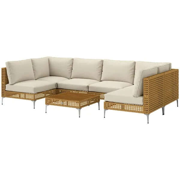 7 piece modular outdoor patio furniture set with beige cushions and acacia wood table