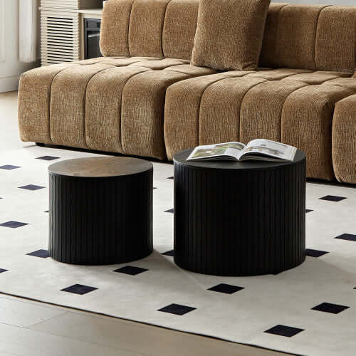 Sleek Nesting Coffee Table Duo (Set of 2) – Modern Circular Space-Saving Tables – Minimalist Black Walnut Finish for Living Room