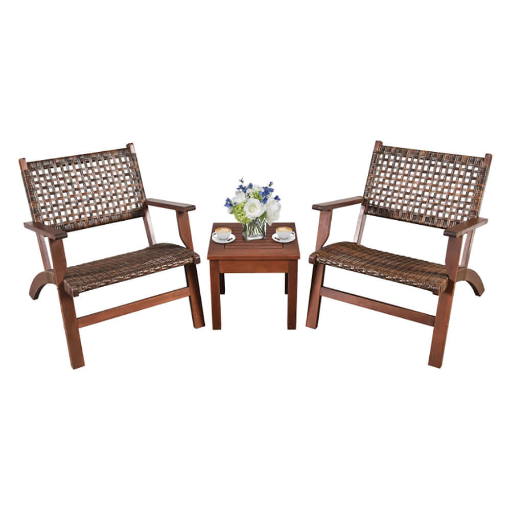3 piece outdoor patio furniture set made of solid eucalyptus wood and brown rattan