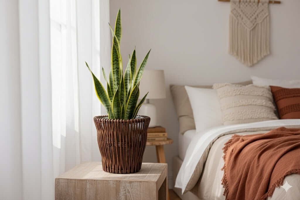 Handmade natural wicker planter with snake plant in a cozy bedroom setting, adding rustic charm to the decor.
