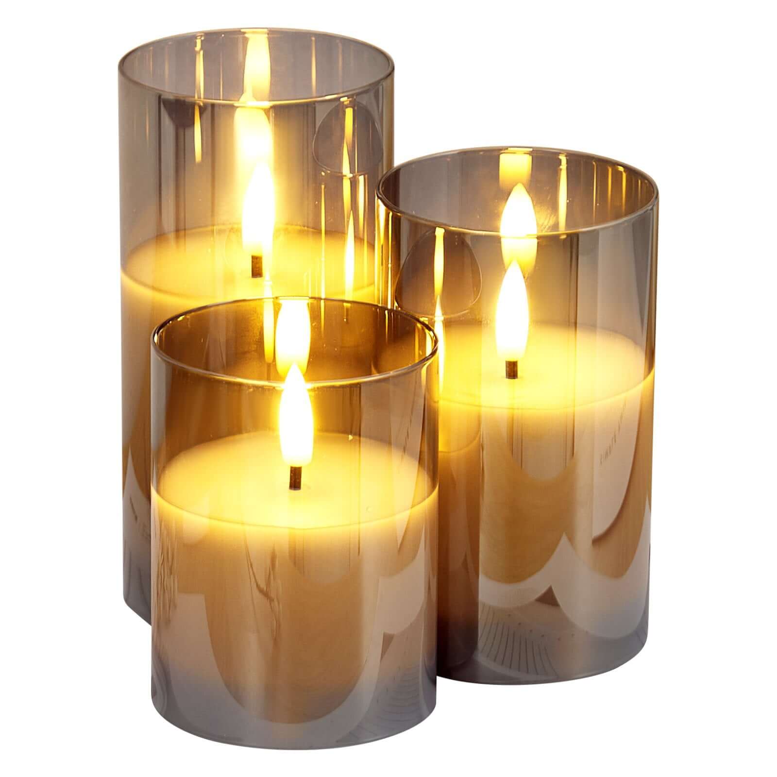 Set of 3 flameless LED candles with realistic moving wick technology, creating a cozy ambiance without fire hazards.