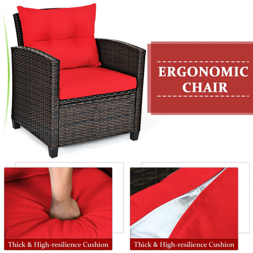 Ergonomic wicker patio chair with thick washable red seat cushion