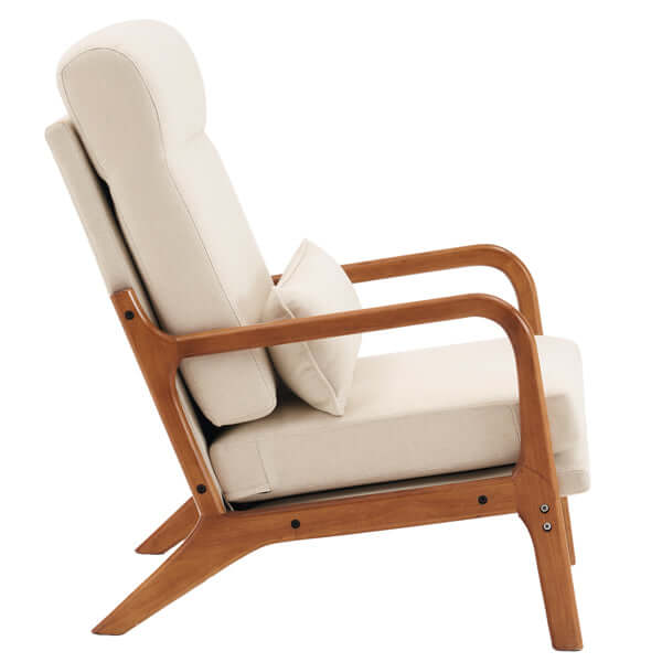 Mid-Century Modern accent chair with solid wood armrest and off-white linen upholstery, perfect for comfortable lounging.