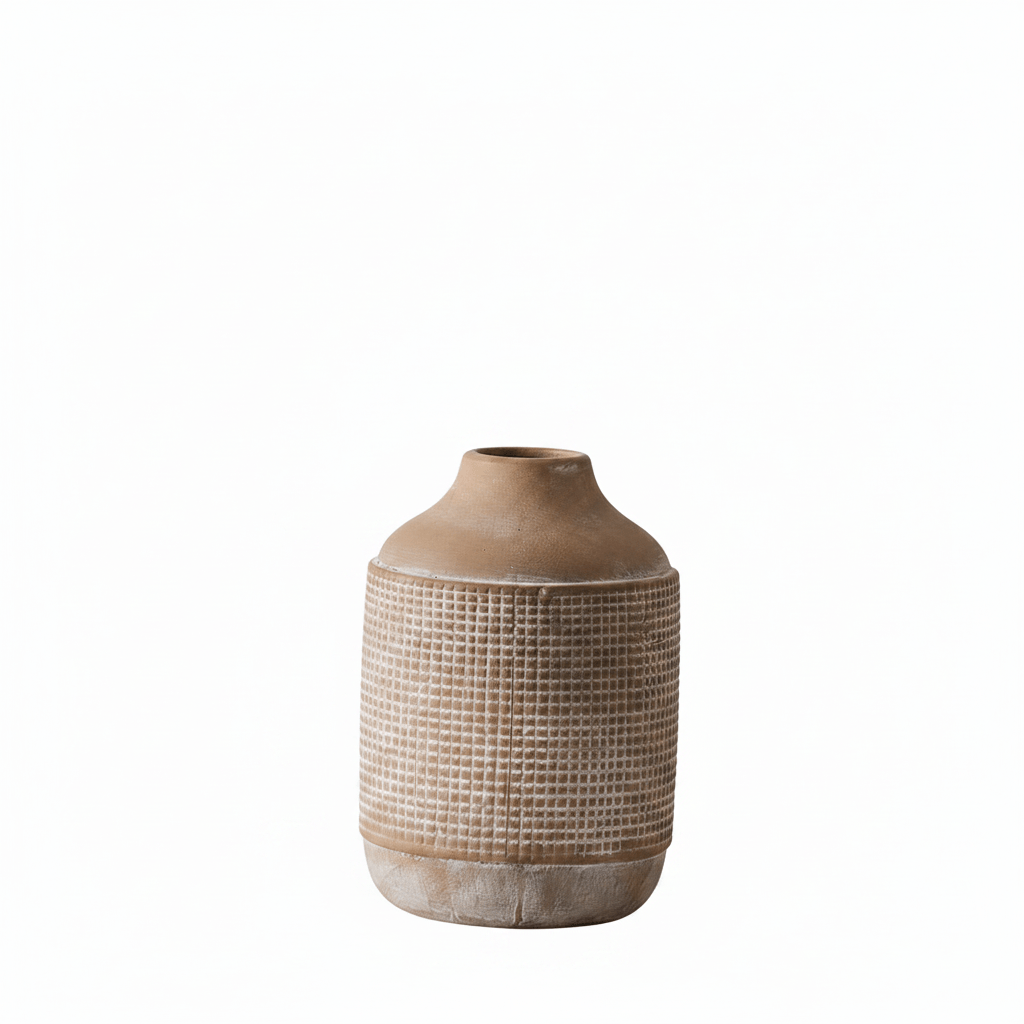 SIDUCAL rustic ceramic vase with natural sand glaze finish on white background