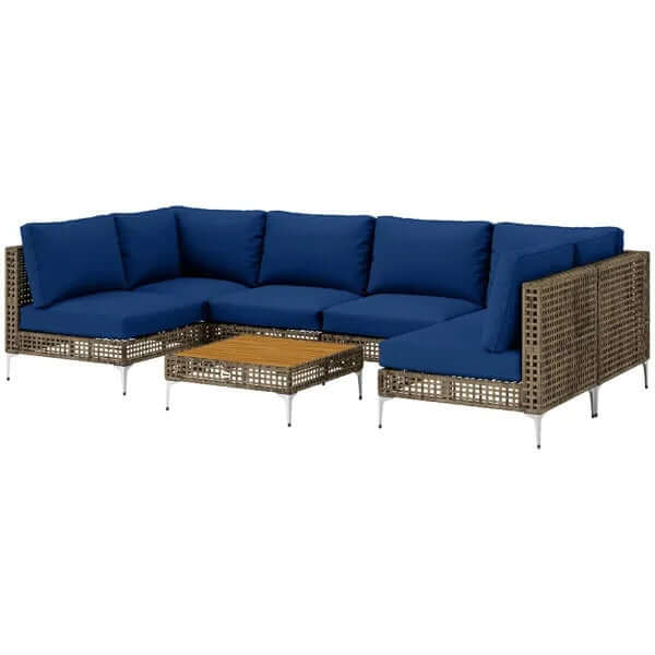 7-piece modular patio furniture set with blue cushions and acacia wood table, perfect for outdoor relaxation.