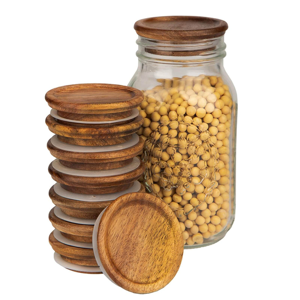 Airtight food-grade silicone seal on natural acacia wood lid for mason jars