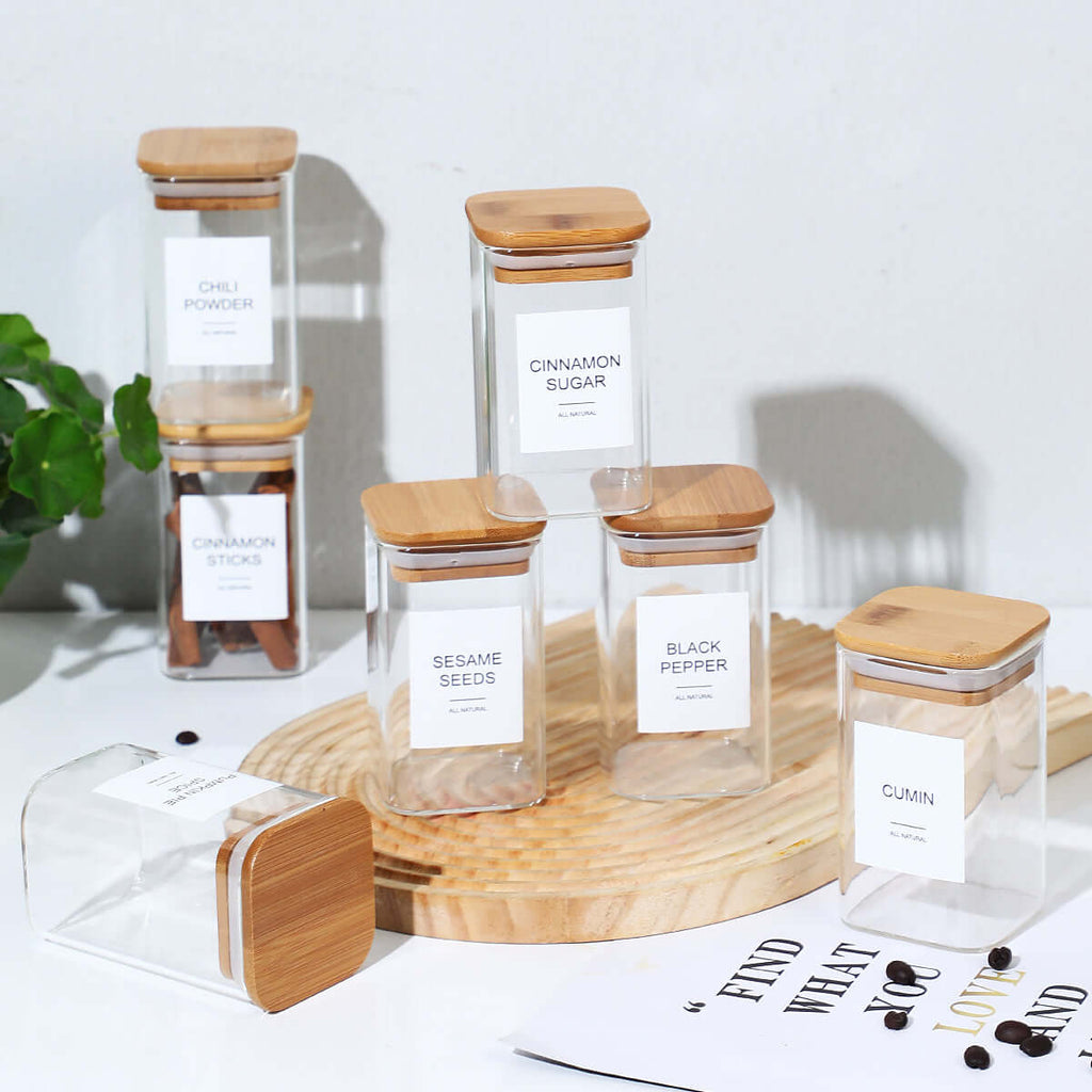 24-Piece Glass Spice Jars Set | 4oz Square Seasoning Containers with Airtight Bamboo Lids