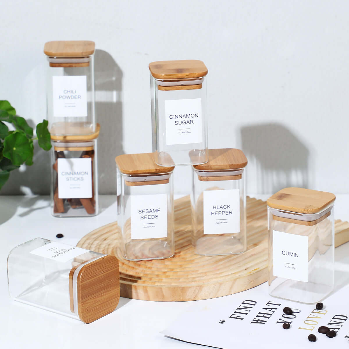 24-Piece Glass Spice Jars Set | 4oz Square Seasoning Containers with Airtight Bamboo Lids