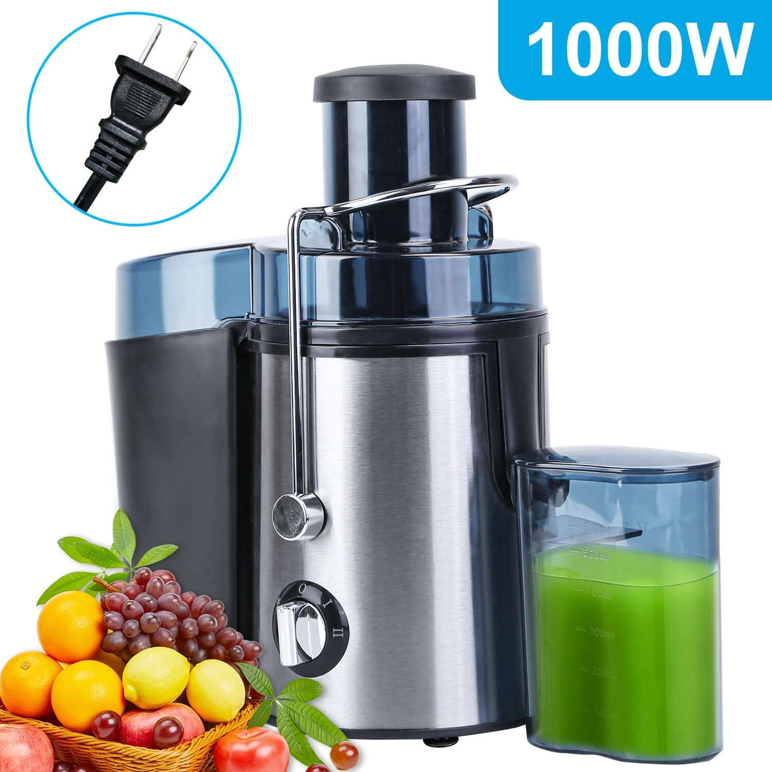 1000W centrifugal juicer with wide feed chute and fresh juice in seconds, featuring fruits and green juice.