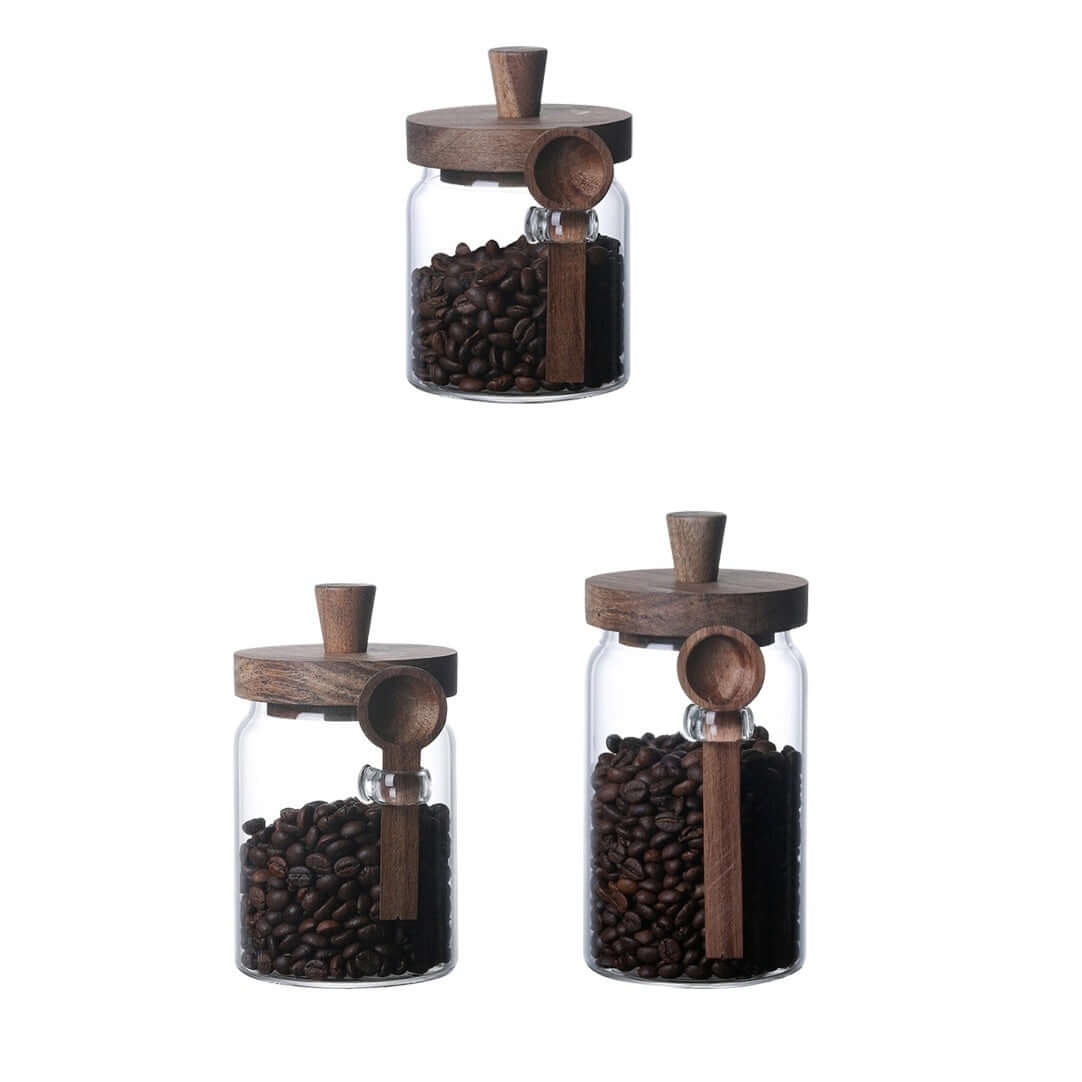 Set of 3 glass coffee and sugar jars with bamboo lids and wooden spoons
