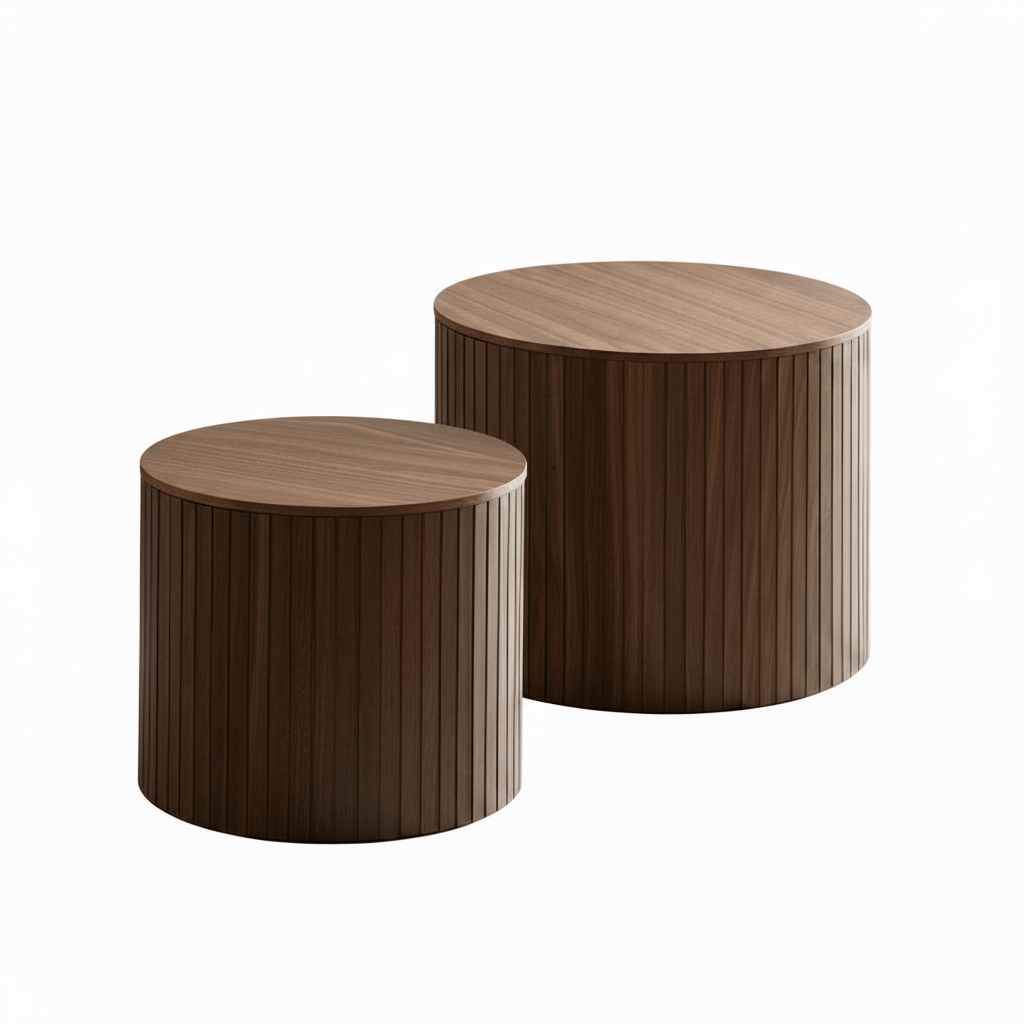Set of two walnut round nesting coffee tables showing the modern circular design