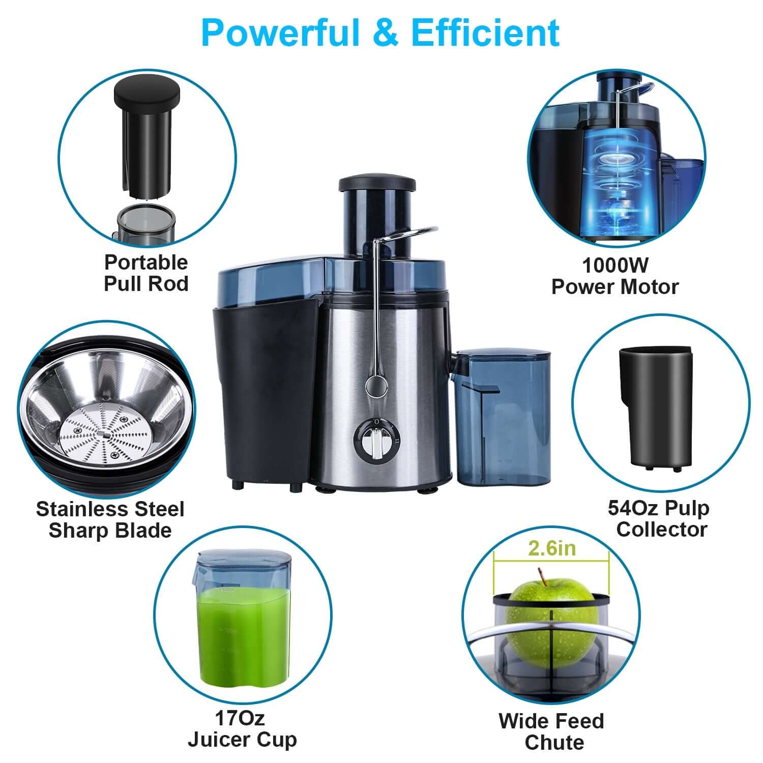 Powerful 1000W centrifugal juicer with wide feed chute, stainless steel blade, and 17oz juicer cup.