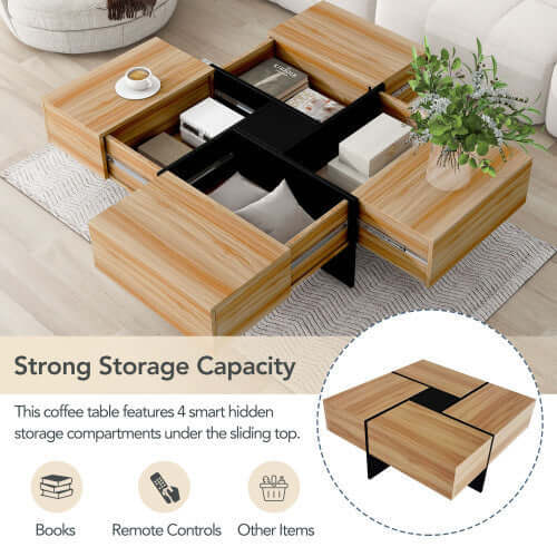 Sleek Square Storage Coffee Table – Modern Sliding Top Centerpiece – Hidden Compartments & Glossy Finish in Brown