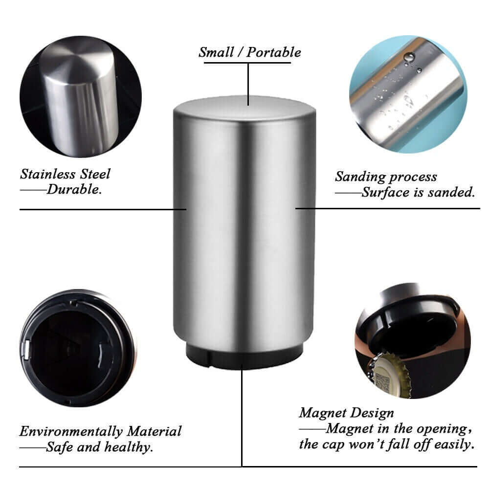 Built-in magnet catching a bottle cap on the SwiftPop stainless steel opener