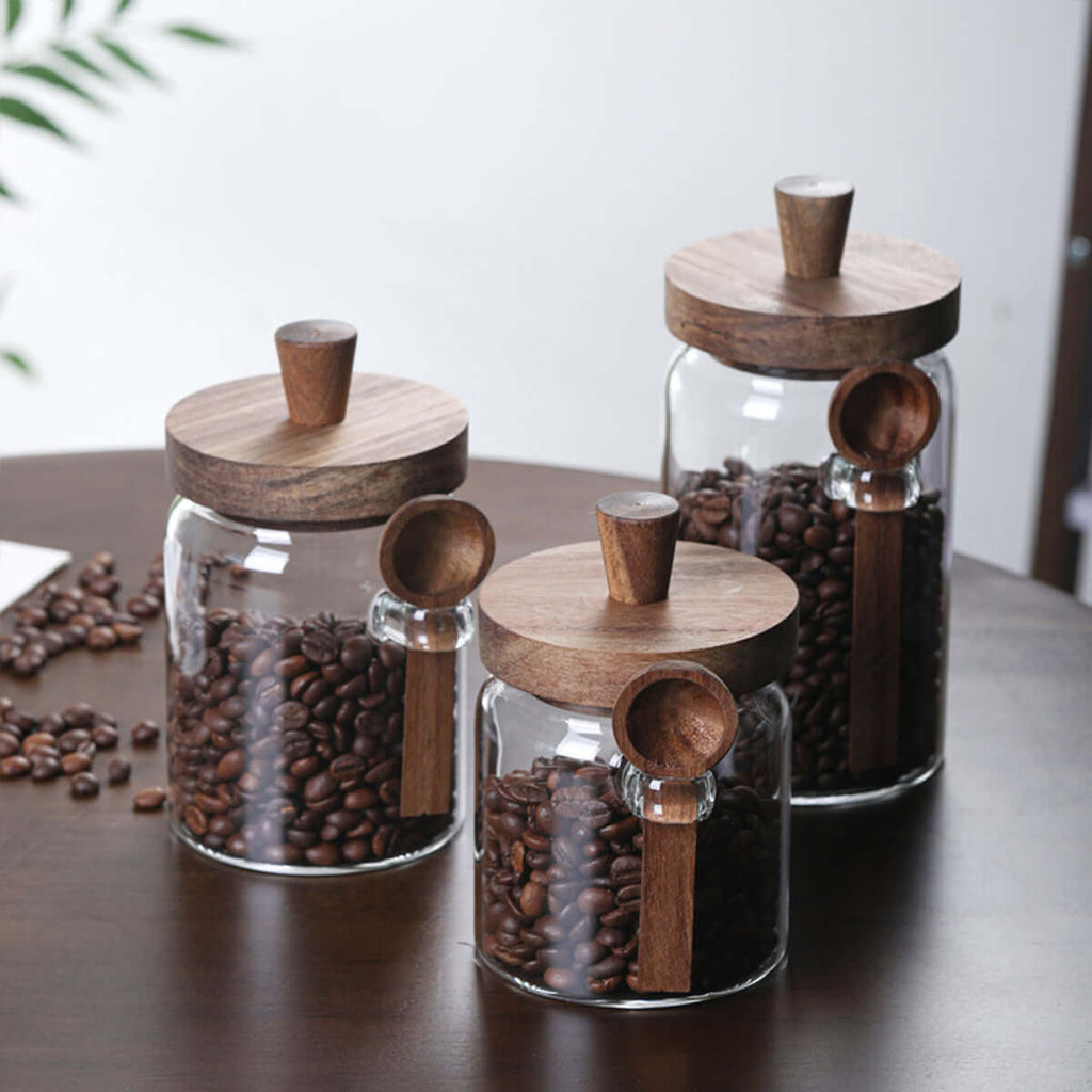 Set of 3 Glass Coffee & Sugar Jars with Bamboo Lids - 25oz Airtight Kitchen Canisters with Wooden Spoons