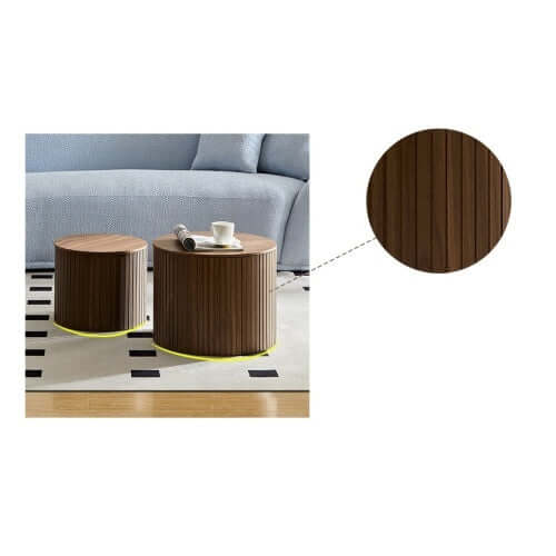 Close-up of the durable MDF construction and elegant walnut finish on the nesting table surface.
