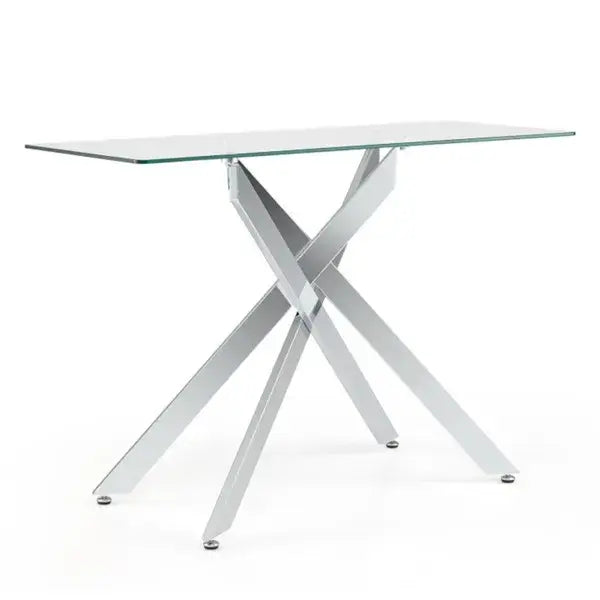 45 inch modern glass console table with sculptural silver chrome frame