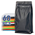 FreshSeal 60-pack of black 16oz coffee storage bags with built-in degassing valves for 1 lb of beans.
