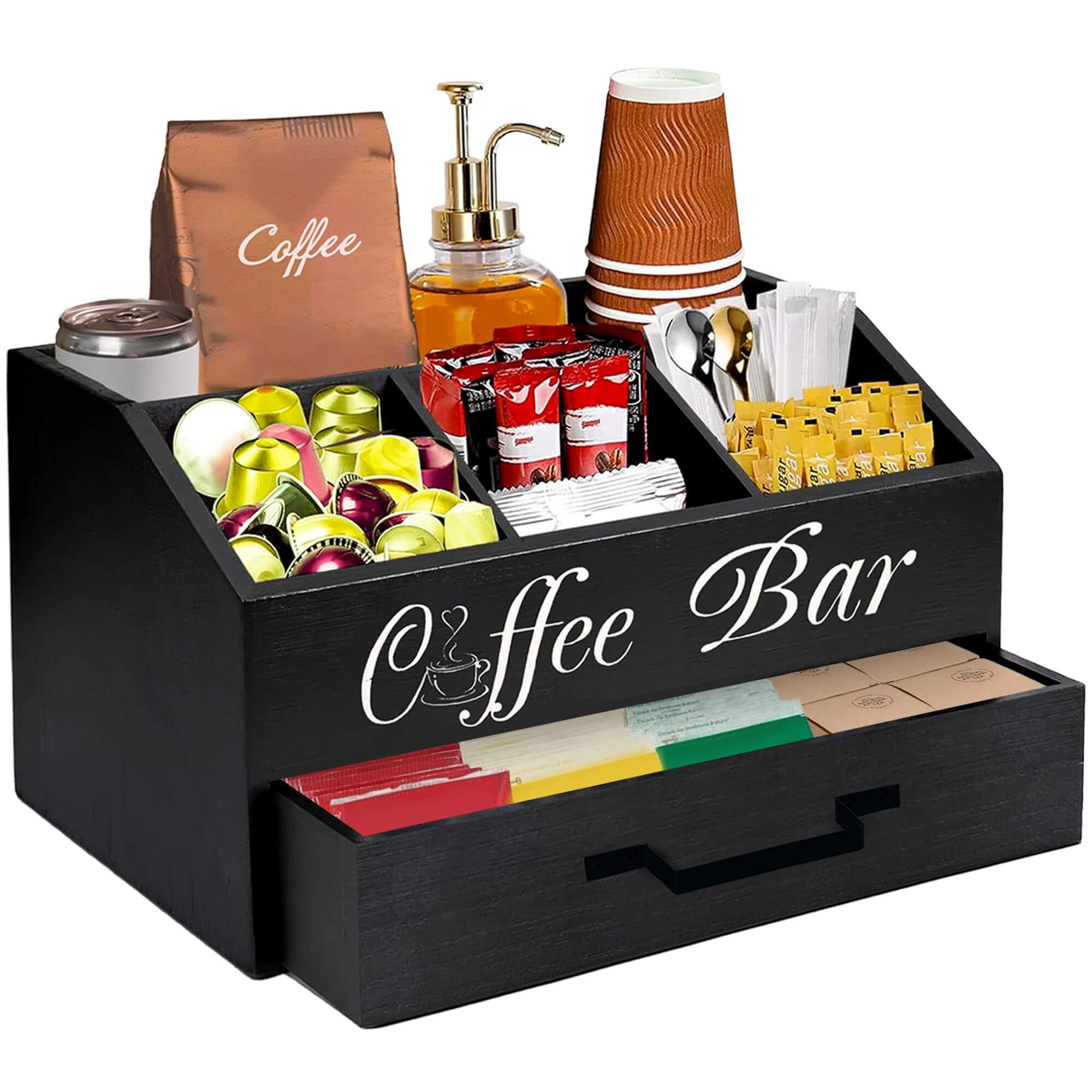 Coffee Station Deluxe Organizer in sleek black wooden finish for professional coffee bar organization.