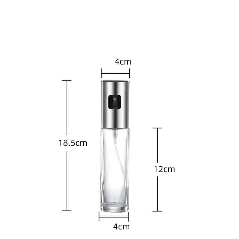 Premium glass oil and vinegar dispenser bottle with stainless steel pourer, dimensions 18.5cm height, 4cm width.