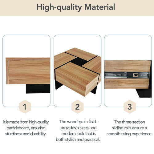 Close-up of the four hidden storage compartments and durable particleboard construction.