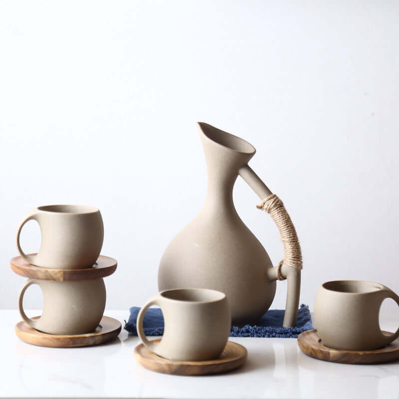 Complete ceramic drinkware gift set with natural bamboo serving tray