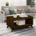 Modern living room interior featuring a large walnut wooden coffee table as a centerpiece.