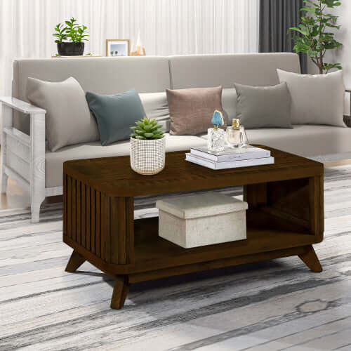 Modern living room interior featuring a large walnut wooden coffee table as a centerpiece.
