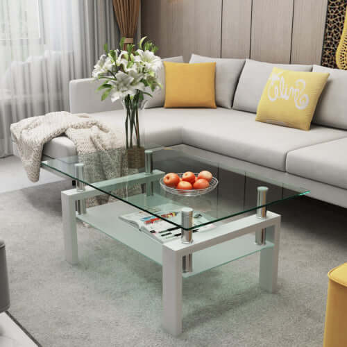 39-inch coffee table with glass top and frosted shelf in a modern living room setting.