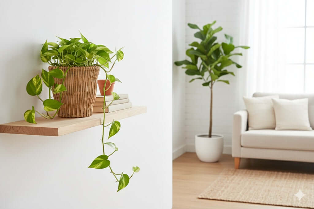 Handmade natural willow wicker planter with indoor plant on wooden shelf in stylish living room