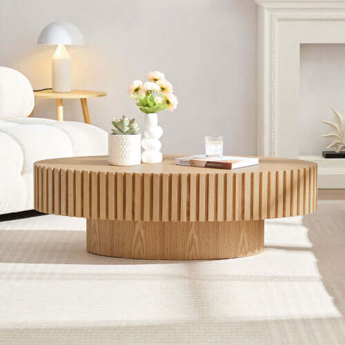 Modern Handmade Drum Coffee Table – Natural Ash Wood Pedestal Base – 43.7" Oval Low-Profile Centerpiece for Living Room