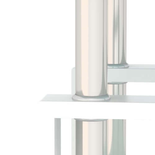 Close-up of the high-strength clear tempered glass top and polished white edge of the Sip & Sort nesting table.
