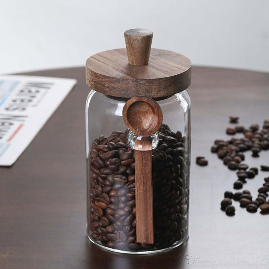 Set of 3 Glass Coffee & Sugar Jars with Bamboo Lids - 25oz Airtight Kitchen Canisters with Wooden Spoons