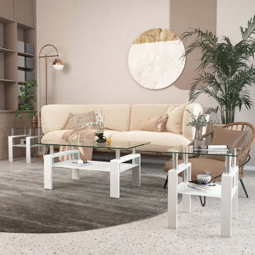Modern Tempered Glass Tea Table Set (2-Pack) – Minimalist Circular Nesting Tables – Elegant White Base Centerpiece for Living Room