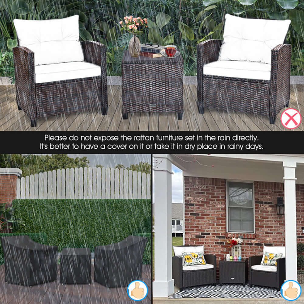 3-piece outdoor rattan bistro set with wicker chairs and coffee table, showcasing rain protection tips.