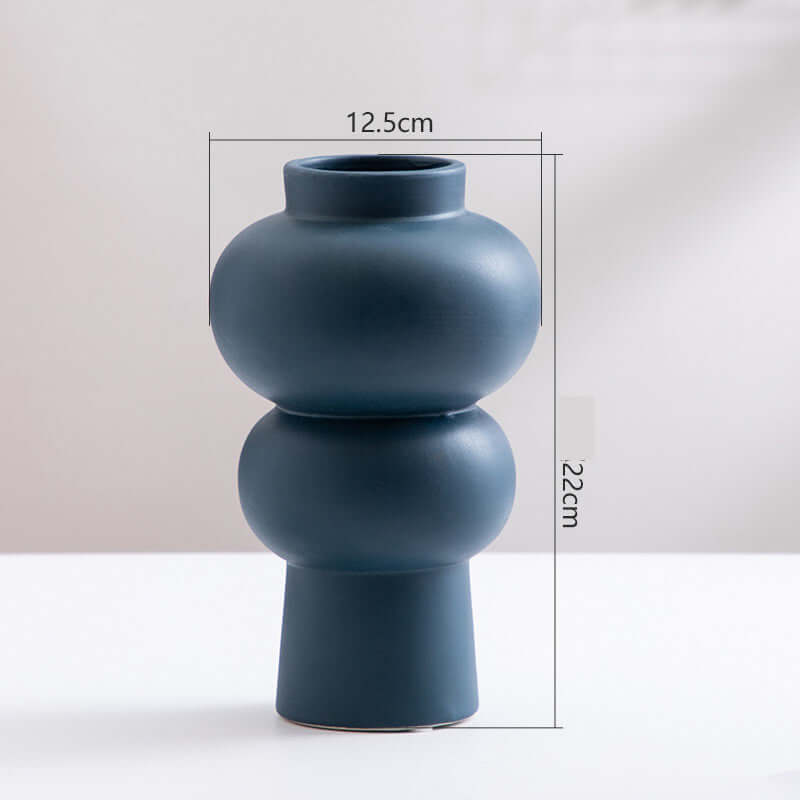 Nordic Minimalist Ceramic Vase in dark blue, geometric design, 12.5cm wide, 22cm tall for modern home decor