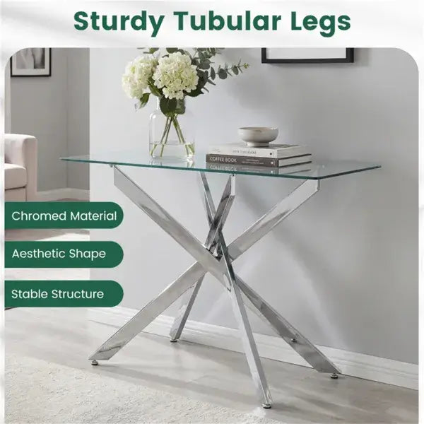 Console Table with sturdy tubular legs, chromed material, and aesthetic shape, perfect for modern entryways.