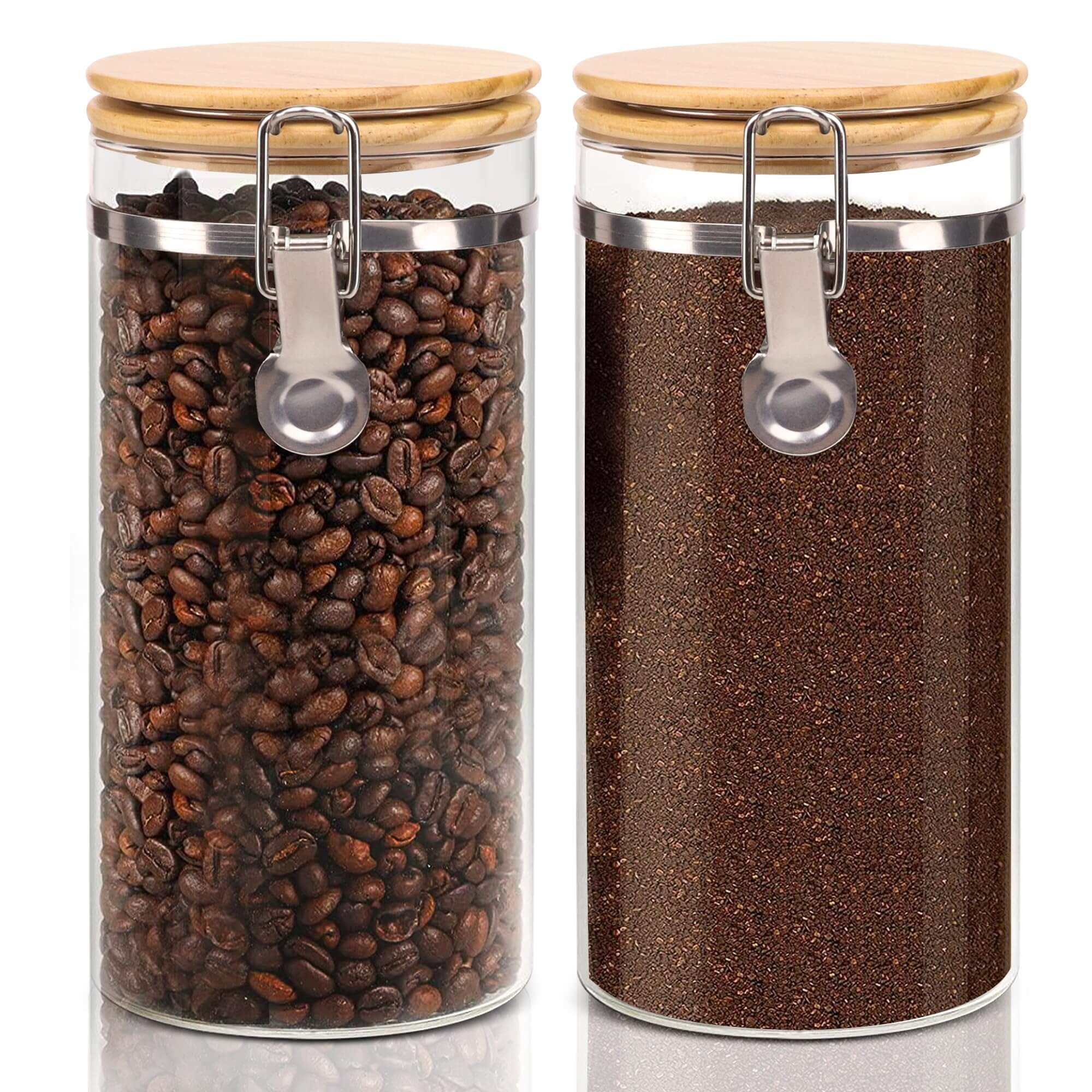 EcoChic glass canister set with two coffee jars featuring airtight bamboo lids and iron locking clamps