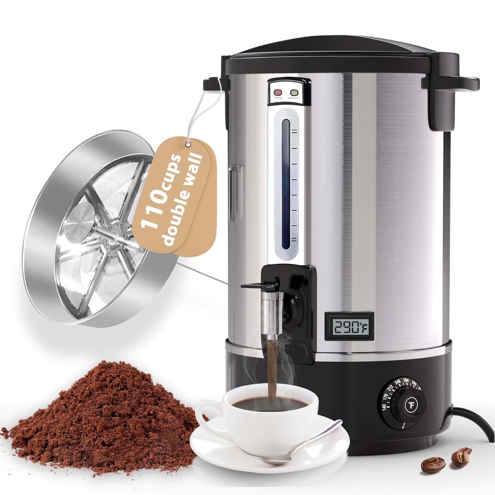 Hijolla 110-cup commercial stainless steel coffee urn with level viewing window