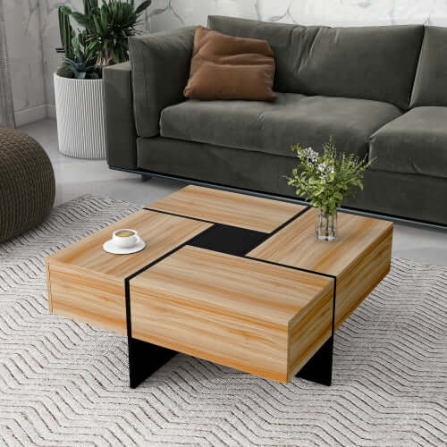 Modern coffee table with 4 hidden storage compartments and extendable sliding top, set in a stylish living room.