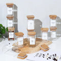 12-Piece Glass Spice Jars Set - Square Airtight Seasoning Containers with 72 Minimalist Labels - Bamboo Lids