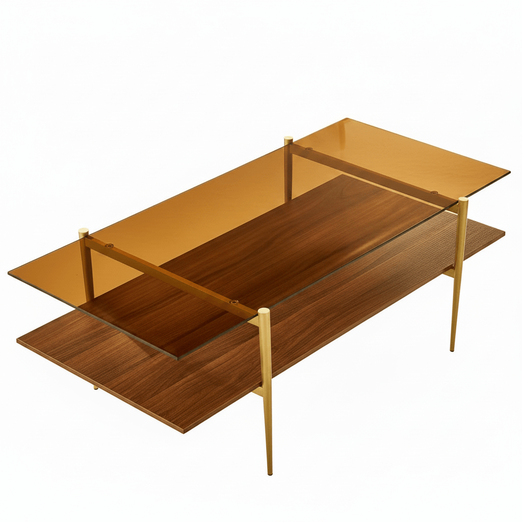 Chic 47-inch gold double-layer glass coffee table with a walnut lower shelf and modern metal frame.