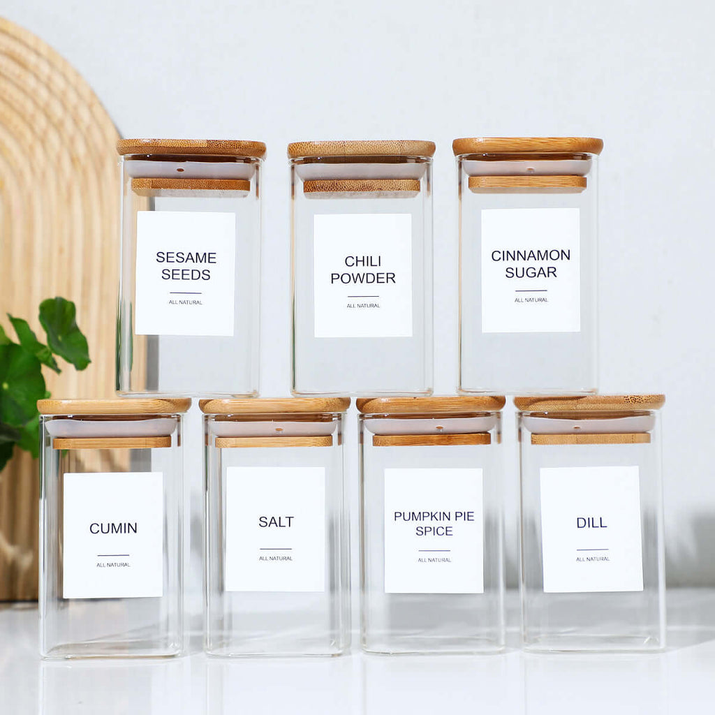 12-Piece Glass Spice Jars Set - Square Airtight Seasoning Containers with 72 Minimalist Labels - Bamboo Lids