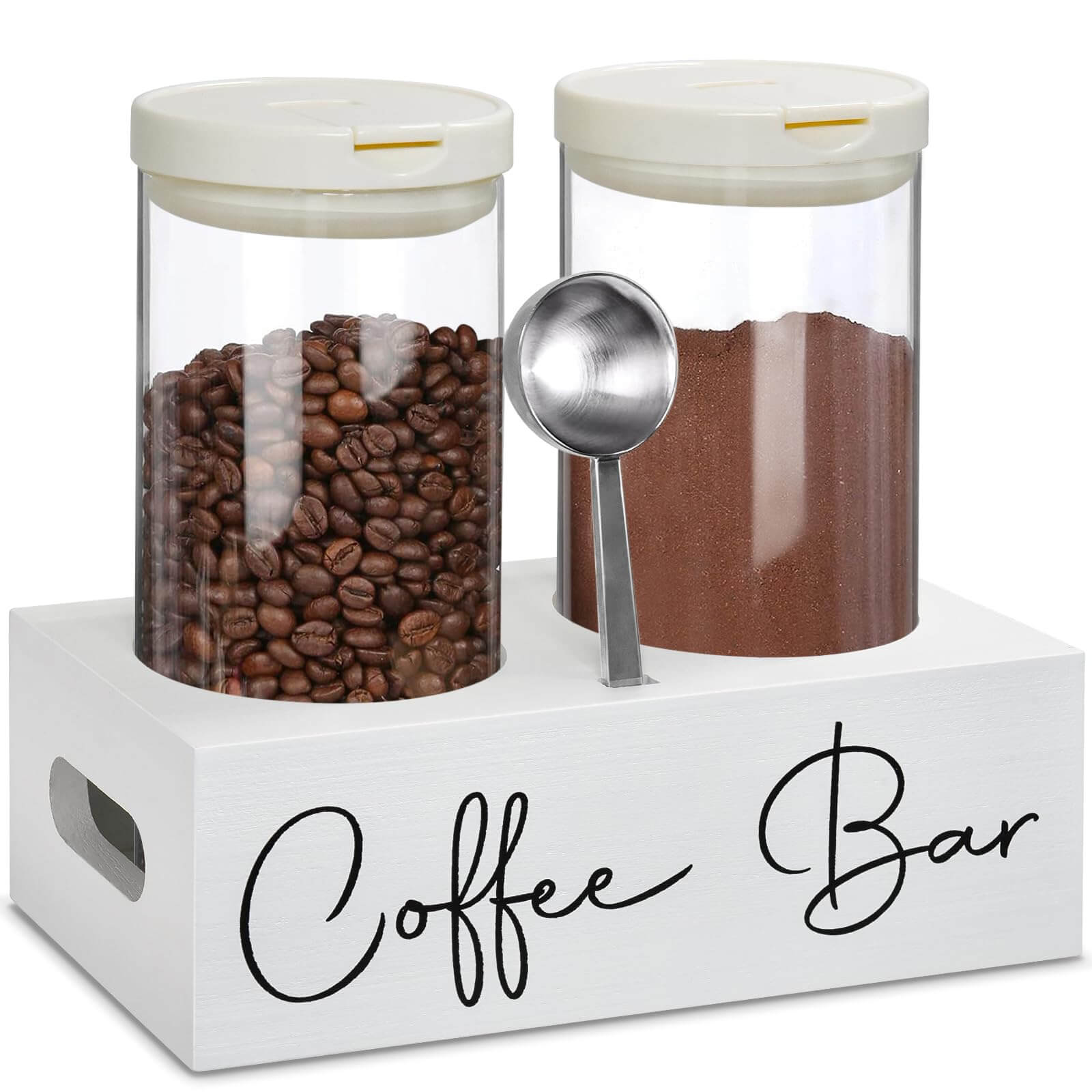 2-pack borosilicate glass coffee jar set with a natural Paulownia wood shelf and stainless steel spoon