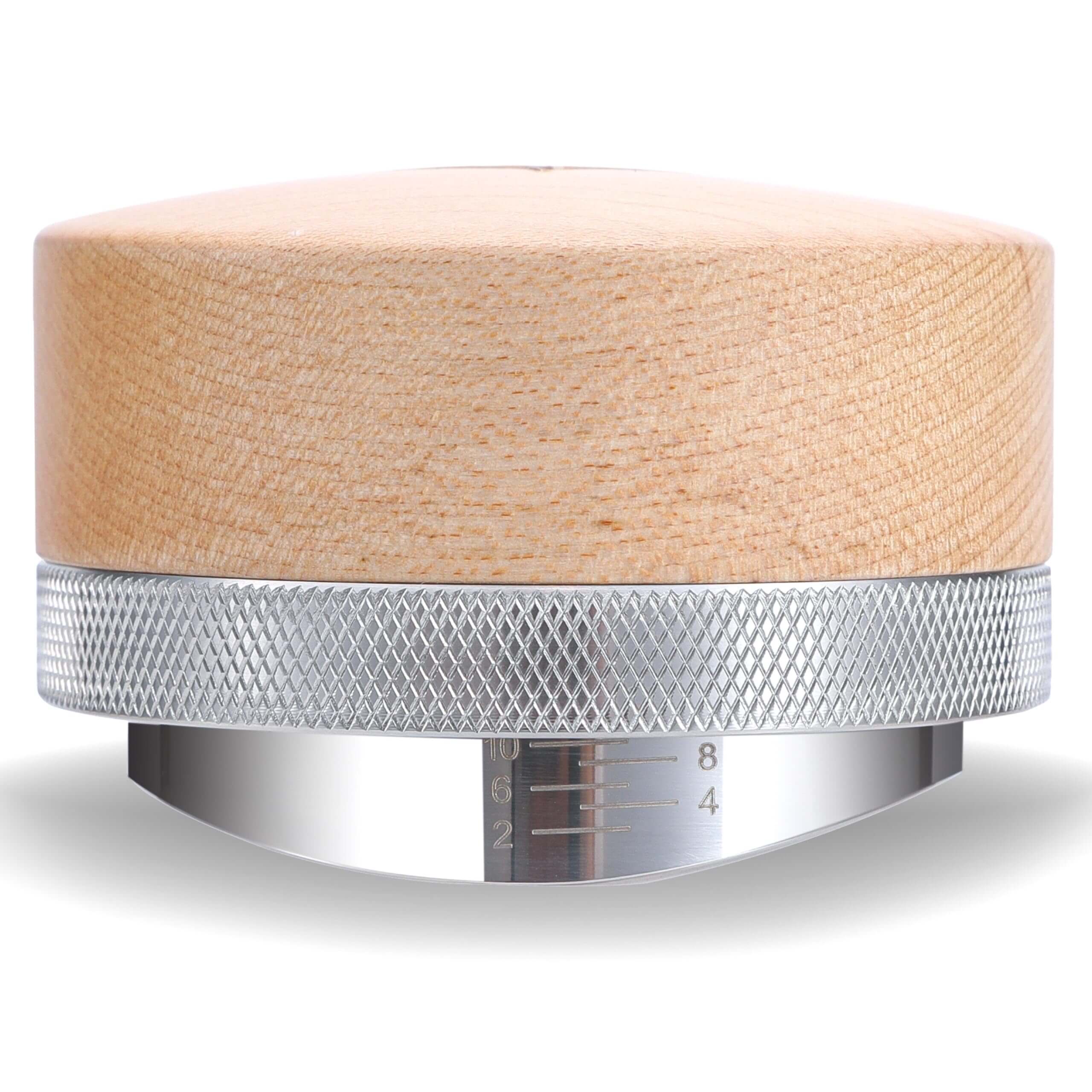 KNODOS espresso precision distributor with a premium maple wood handle and 53.3mm stainless steel base.