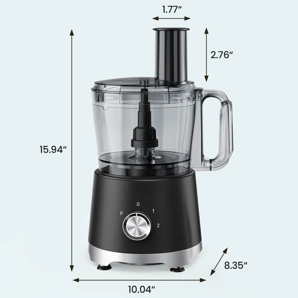 10.5 Cup Electric Food Processor with dimensions and features for meal prep, highlighting 5 stainless steel blades and 3 speed modes.