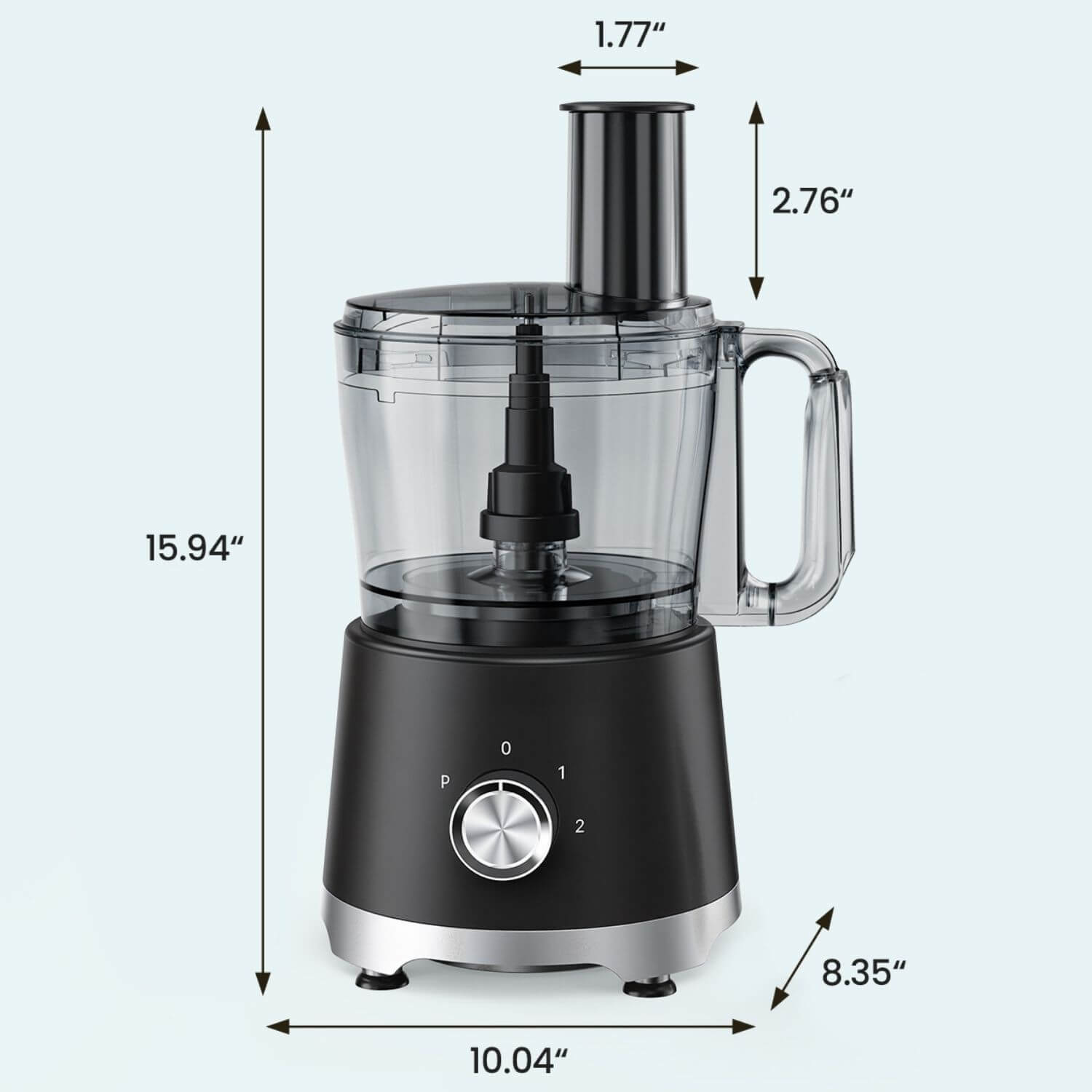 10.5 Cup Electric Food Processor with dimensions and features for meal prep, highlighting 5 stainless steel blades and 3 speed modes.