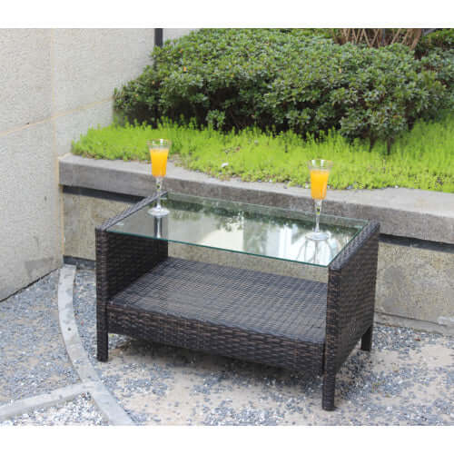 Modern outdoor furniture coffee table in a patio lounge setting