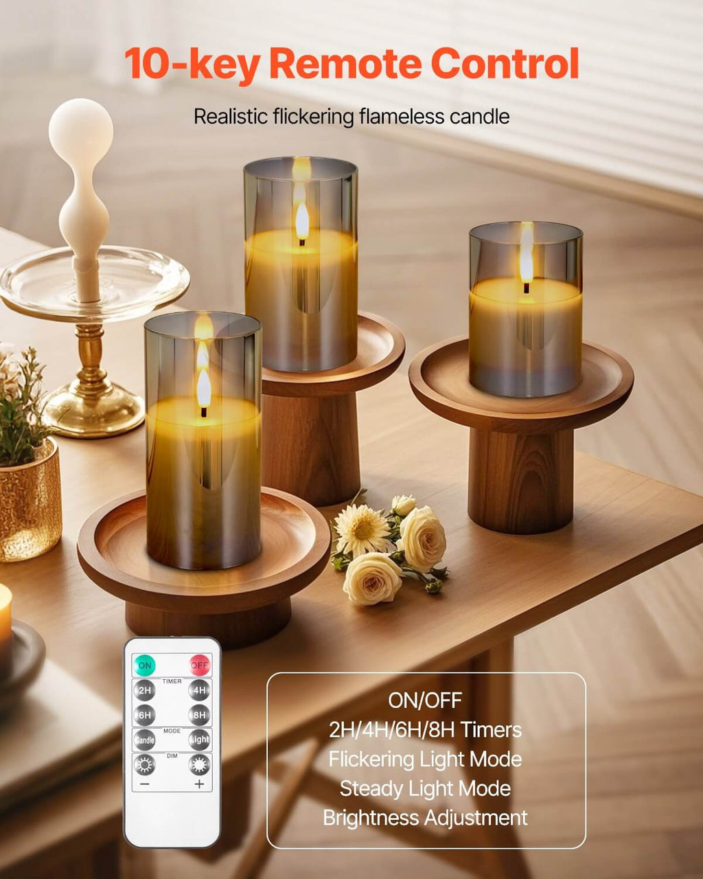 10-key remote control for flameless candles with timer and brightness settings