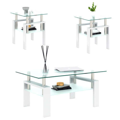 Modern Tempered Glass Tea Table Set (2-Pack) – Minimalist Circular Nesting Tables – Elegant White Base Centerpiece for Living Room